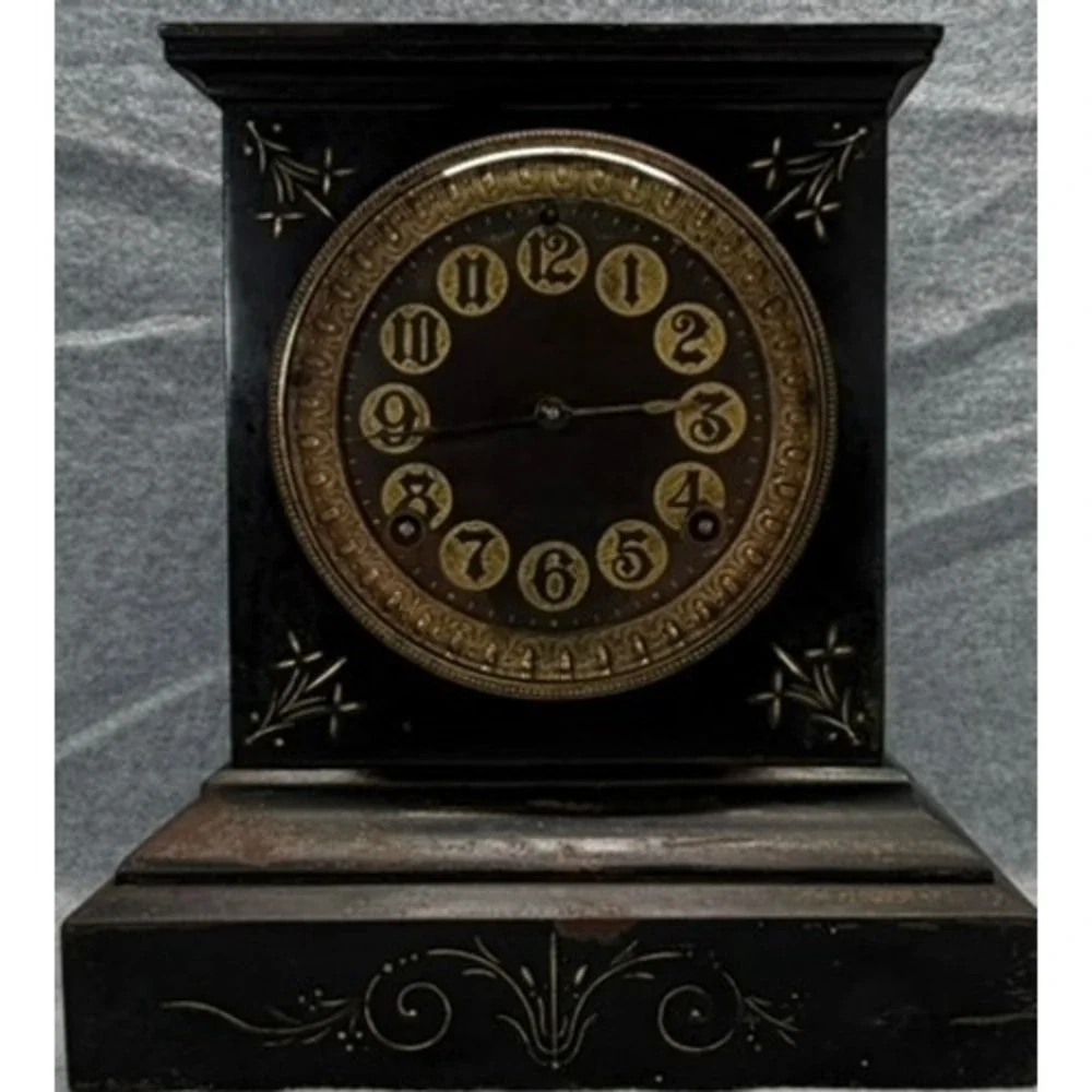 Antique Ansonia Mantel Clock Black Gold Floral 1882 Patent Victorian Decor